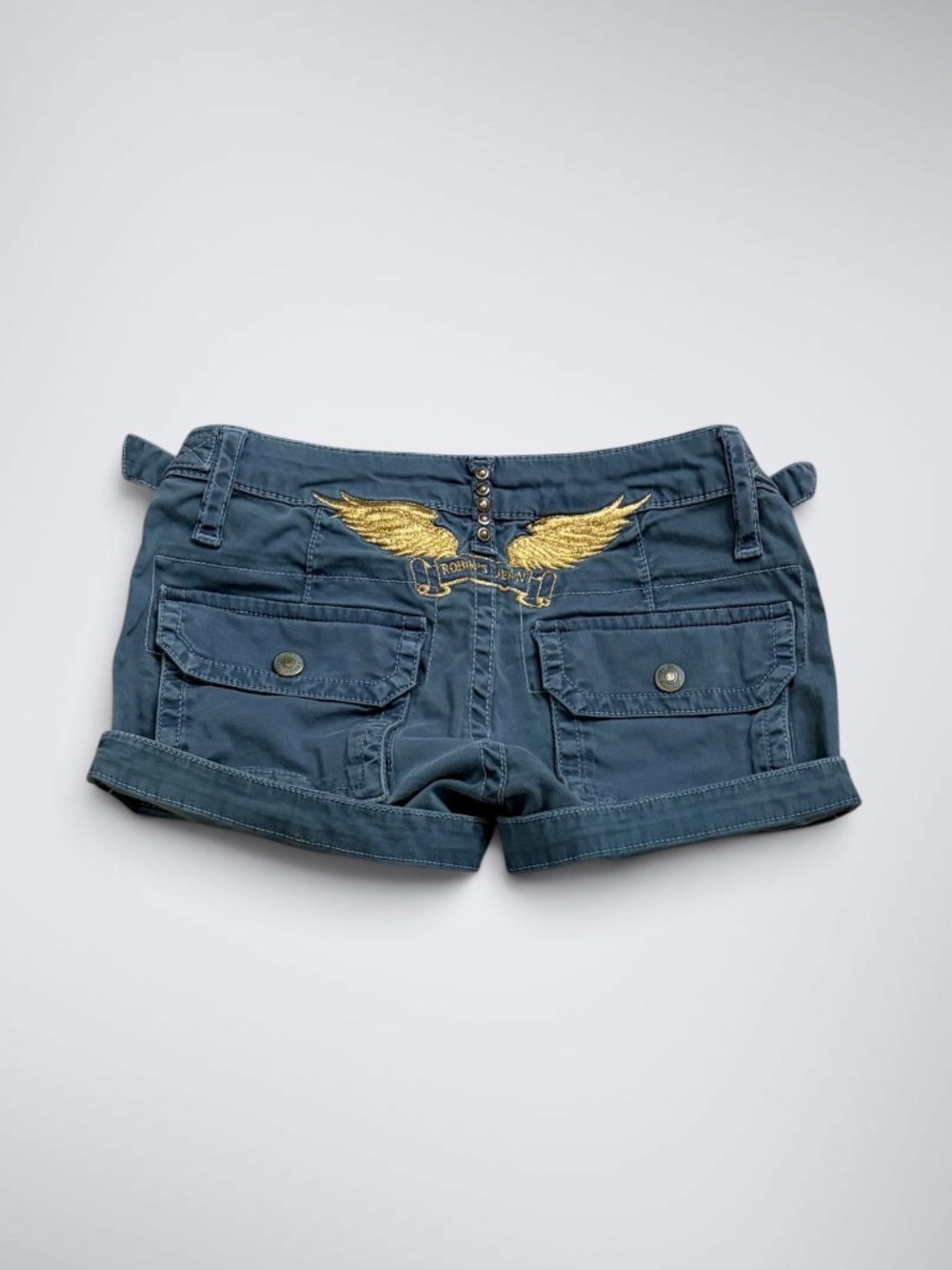 VTG Robin’s Jean Gold Wing Studded Navy Blue Green Low Rise Cargo Utility Shorts